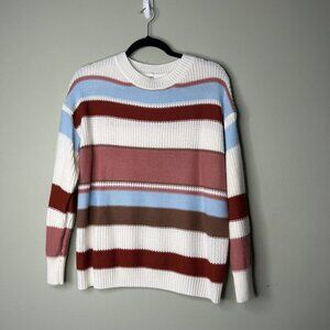 White Blue Pink Striped Long Sleeve Knit Sweater Women's Size Medium M